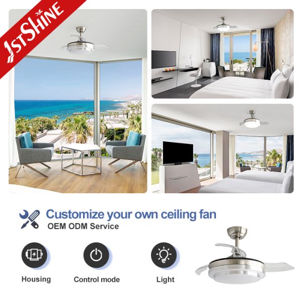 36 Inches Sand Nickel Retractable Ceiling Fan With LED Light And DC Motor For Bedroom