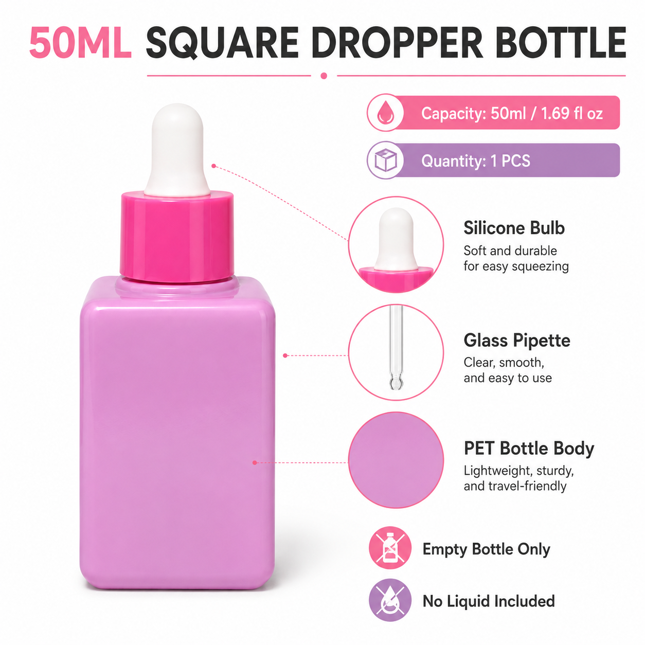 50ml Pink Dropper Bottle with Screen Printing for Premium Skincare Serum & Essential Oil Packaging
