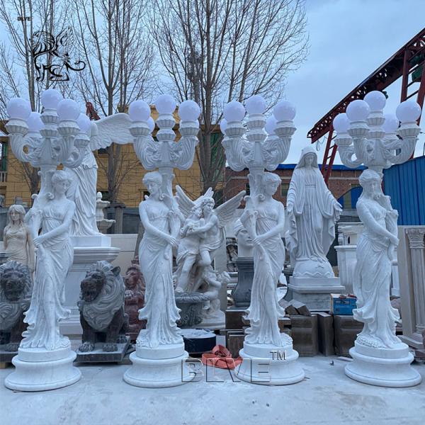 Marble Woman Sculpture Floor Lamp White Stone Carving Life Size Lady Statue Light Decorative Villa Outdoor Street