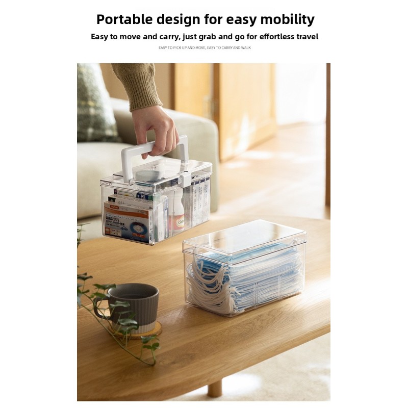 Minimalist Clear Plastic Medicine Organizer Box Large Capacity Multi-Compartment Desktop Storage Container with Handle