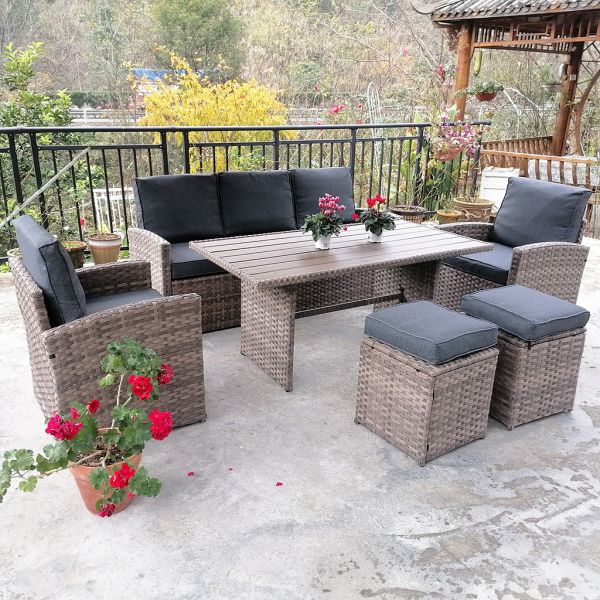 6 Pieces Patio Dining Set All Weather Wicker Furniture Steel Frame Rattan Dining Table and Chair Poly Wooden Table Top