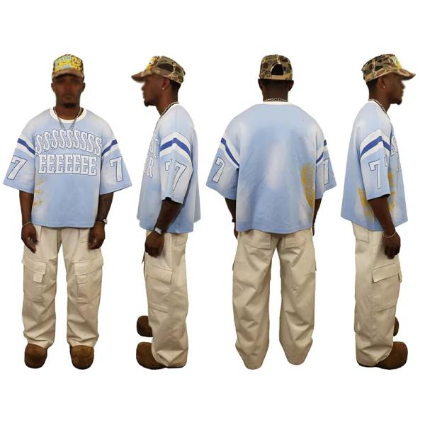 Fabricante de ropa OEM Jersey personalizado estilo Hip Hop impresión de gran tamaño camisetas con bolsas de deporte ropa pesada camiseta de caja para hombres