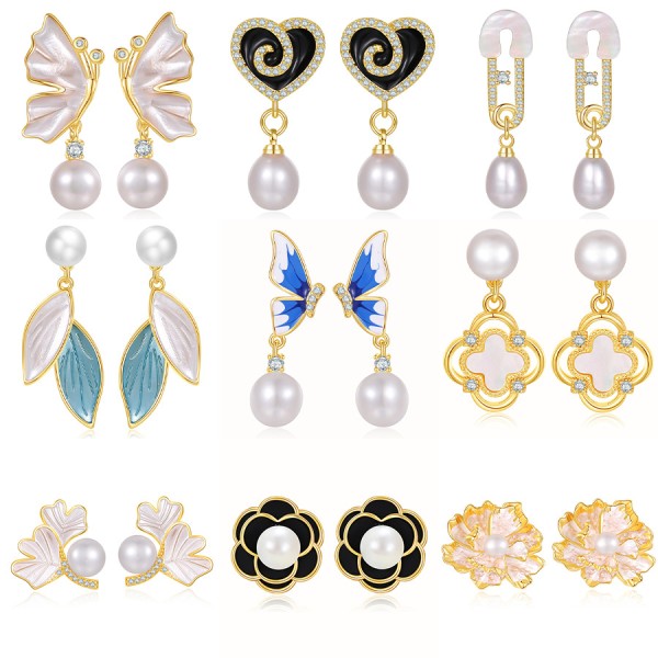 Fashion Maple Leaf Pearl Earring 14K Gold Plated Flower Studs 925 Silver Needle Hypoallergenic Butterfly Earrings