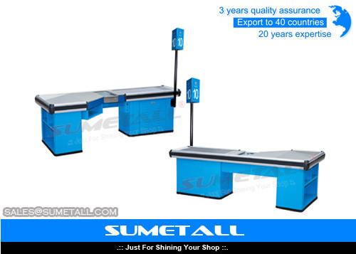 Electric Motor Conveyor Belt Checkout Counter , Store Cash Counter Table Customized Design