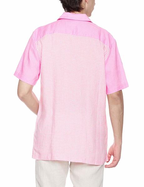100% Linen Camp Collar Business Mens Casual Short Sleeve Shirts Contrast Check Pattern