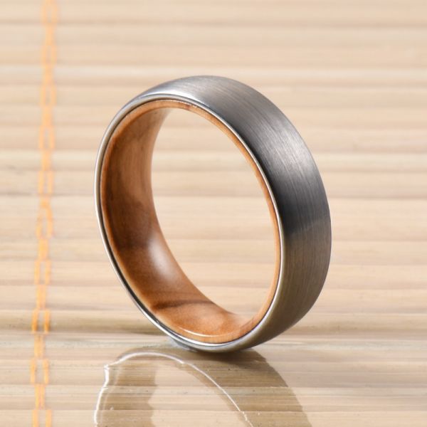 Jewelry Type Dome Style Comfort Fit Men's Wedding Ring with Olive Wood Inlay 6mm Silver or Black Tungsten Ring