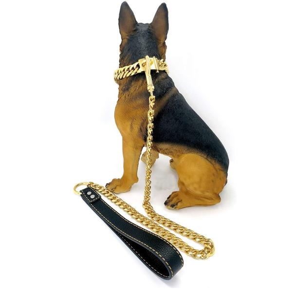 a corrente resistente de aço inoxidável do cão do ouro de 15mm conduz o punho de couro preto de passeio da tração do treinamento do cão