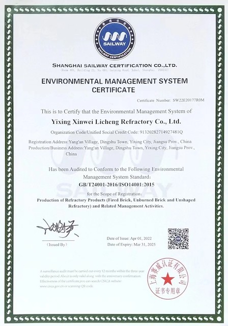 yixing xinwei leeshing refractory materials co.,Ltd Сертификации