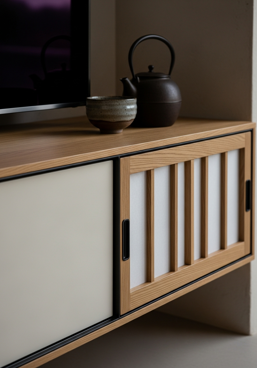 Japandi Oak Media Console with Shoji Screens in 304 Stainless Steel