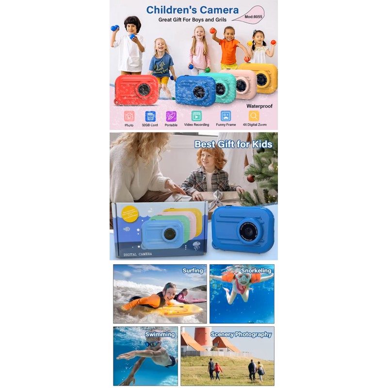 Children's Camera Waterproof Kids Digital Camera 32GB Card  for Boys Girls with Photo Video Recording Christmas Birthday Gift
