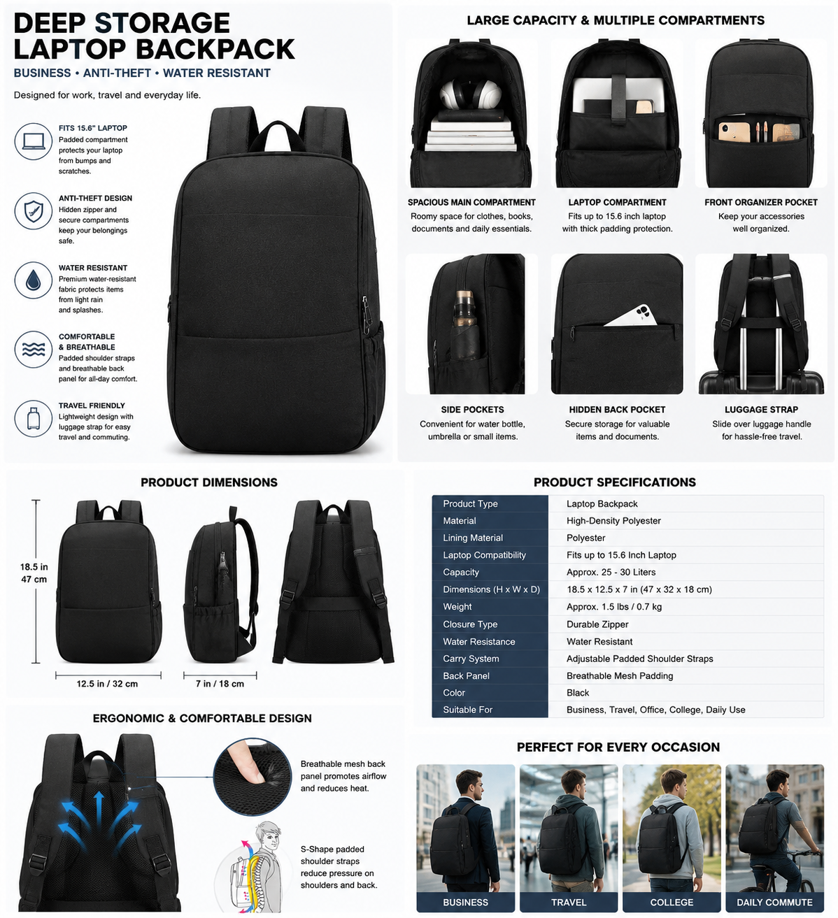 15.6 Inch Laptop Backpack with Anti-Theft Design, Water Resistant Business Computer Bag with Large Storage for Travel, Work & College