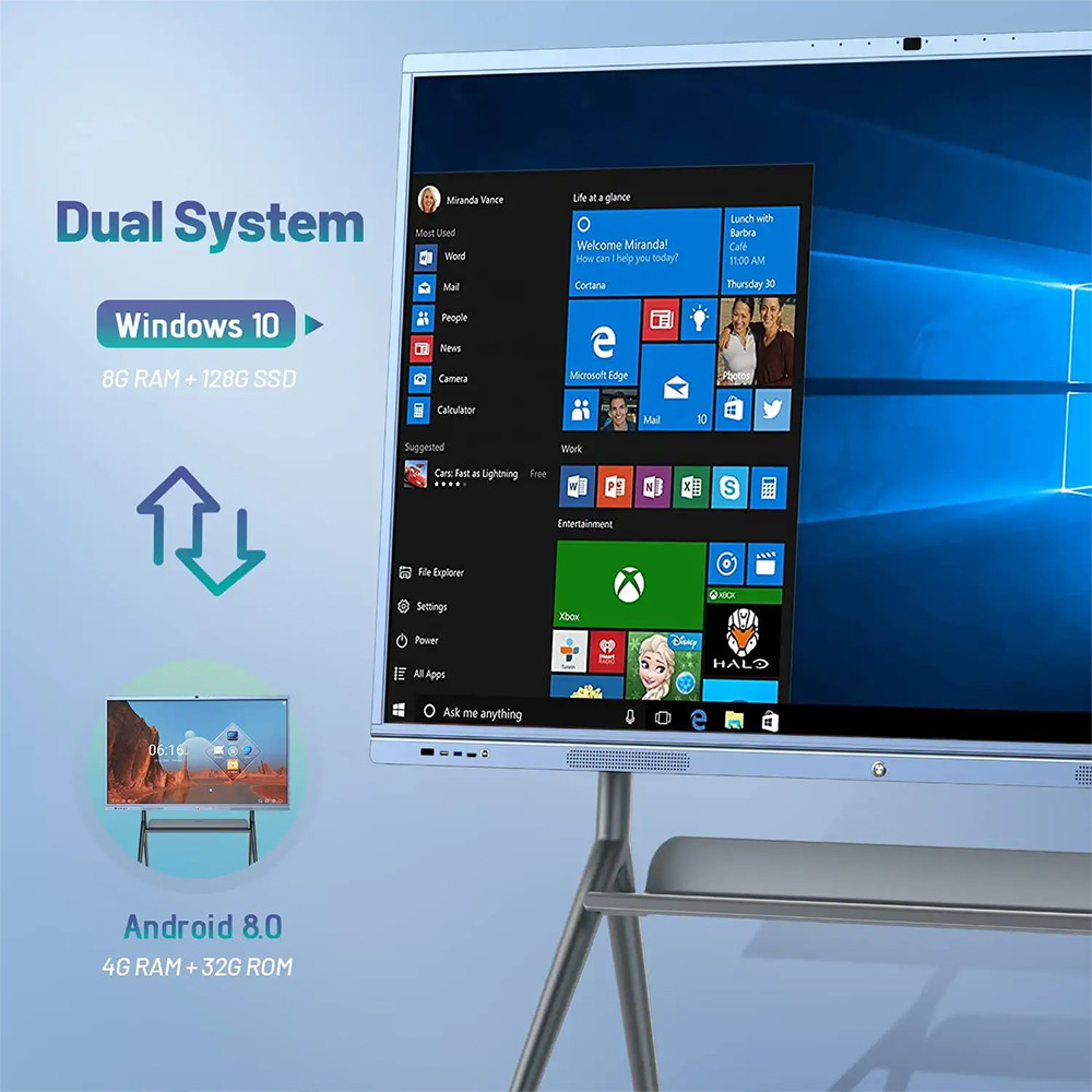 Умная 55-дюймовая интерактивная доска I5 4 + 128G 20-точечная ИК-сенсорная двойная система 4K UHD 1200-мегапиксельная камера
