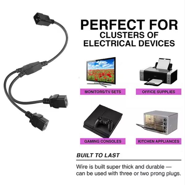 C20 to Dual C19 Power Splitter Cable, 250V 16A, Heavy Duty IEC Extension Cord for PDU, Server, Data Center Use