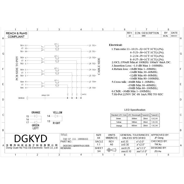 RJ45 SIngle port connector with top elastic CAT5 Gigabit integrated filter with LED light DGKYD811Q008FN4A10DB
