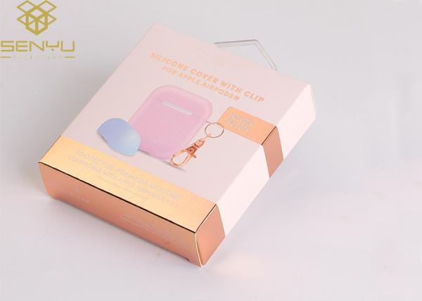 Pink 1500g Cardboard Earphone Packaging Box With Plastic Hook