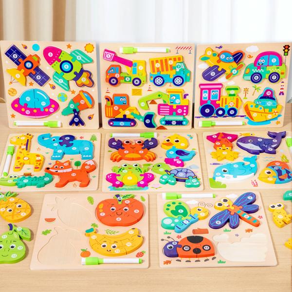 Montessori 4-in-1 Children's Wooden 3d Puzzle Early Education Cartoon Jigsaw With Drawing Board Certified En71 Games for Boys