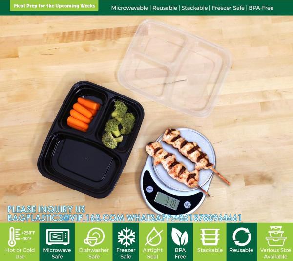 Packaging 3 Compartments Takeout Boxes Black Microwave Plastic Lunch Box Food Containers Wholesale