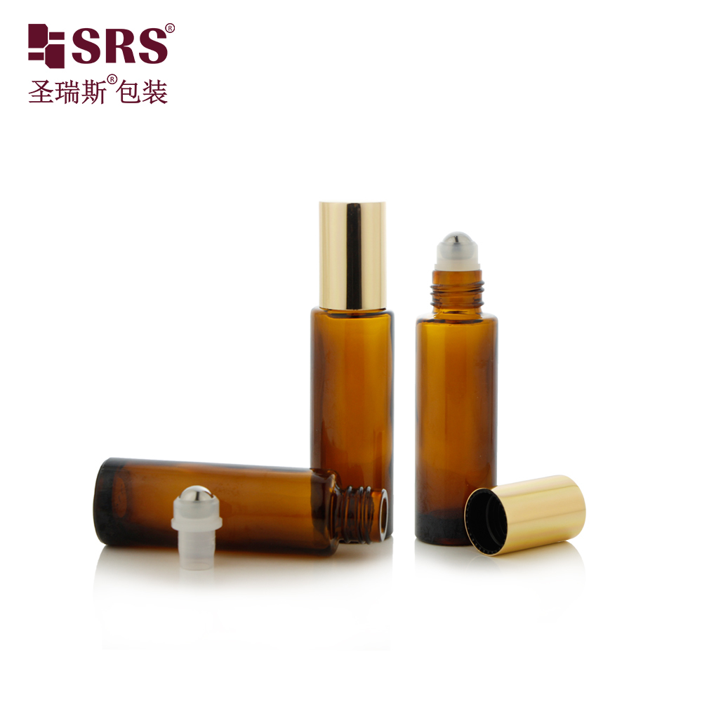 BLPM-15ML Amber Glass Roll‑on Bottle Gold Metal Cap 304 Stainless Steel Roller Ball Essential Oil Perfume Cosmetic Packaging
