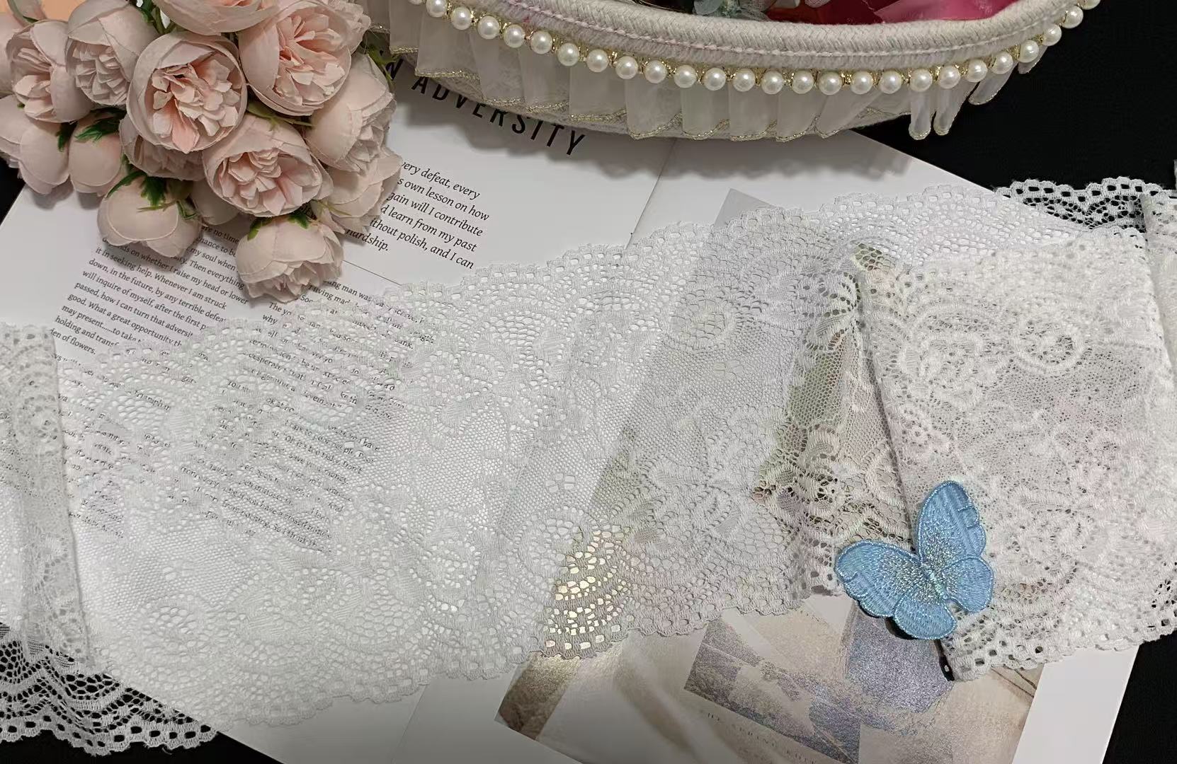 A1Z019 Floral Hollow Out Stretch Lace Trim, Double Scalloped White Elastic Lace Ribbon For Lingerie Dress Pajama Garment Decoration