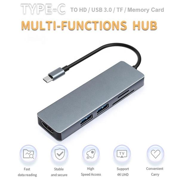 Grain 5 en 1 Hub USB-C Type-C vers HDMI USB3.0 USB2.0 SD TF Adapter Hub avec lecteur de carte
