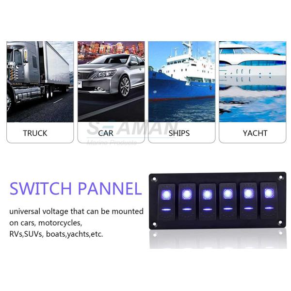 24v Waterproof Marine Switch Panel Rocker 6 Gang 5 Pin On Off 2 LED Blue Light