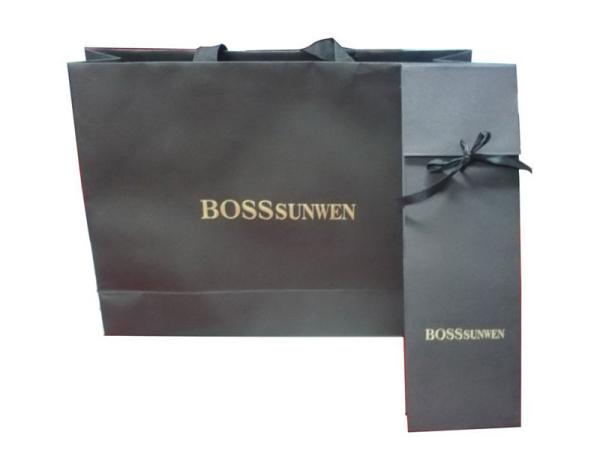 Black Paper Printed Carrier Bag Press Gold Lings , Logo Stamp