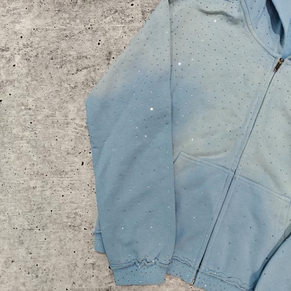 Custom 2025 Streetwear Heavyweight Rhinestone Hoodie Unisex Blank Vintage Sun Faded Acid Wash Zip Up Oversized Hoodies