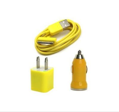 USB AC Wall Charger and Car Charger+Data Cable for Apple iPod Touch iPhone4 4S 4G yellow