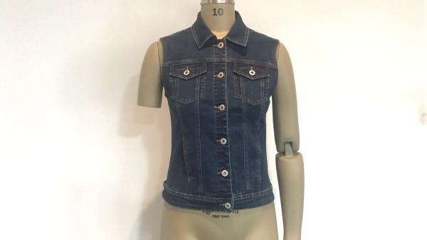 Button Through Ladies Denim Jacket Sleeveless Dark Wash Denim Vest Jacket  TW82079