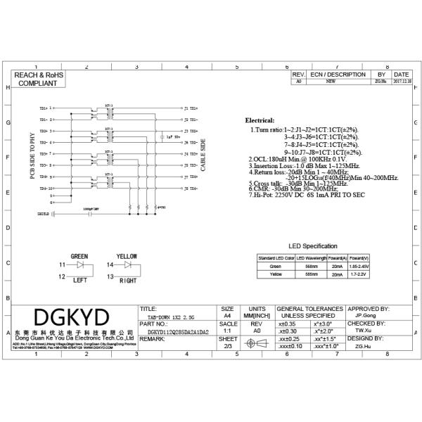Conector dos ethernet de 10P8C 2.5G RJ45 com o transformador da asa da correia da lâmpada