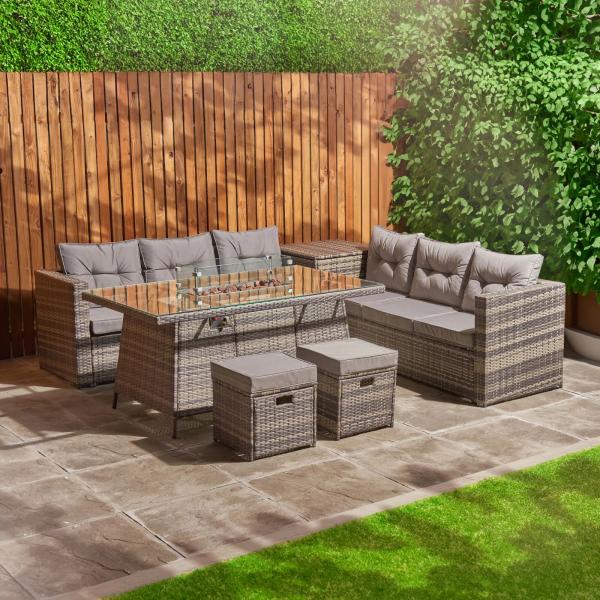 Courtyard Rattan Garden Set with Fire Pit Table AJUNION 8 Seater Sectional Sofa Set