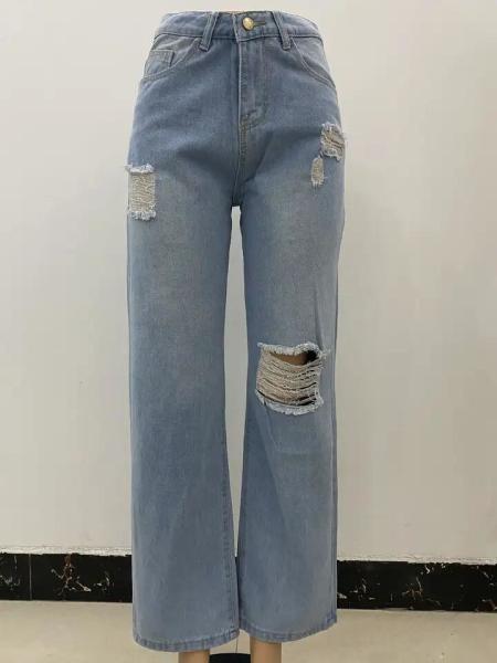 Fashion Loose Light Blue Denim Pants Wide Leg Ripped Jeans For Women