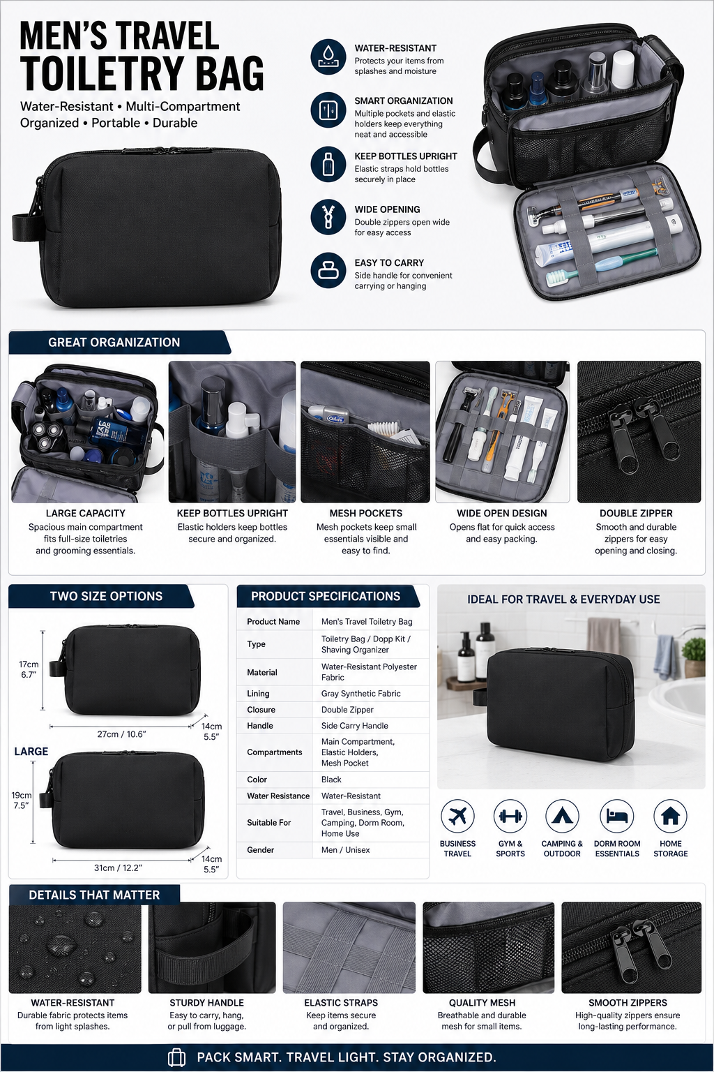 Men’s Toiletry Bag for Travel, Water-Resistant Dopp Kit and Shaving Organizer for Grooming Essentials, Toiletries and Accessories, Medium Black