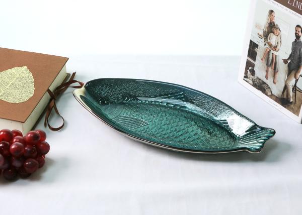 Embossed Vintage Fish Glass Plates , 33CM  Hand Made Glass Fish Shaped Plates