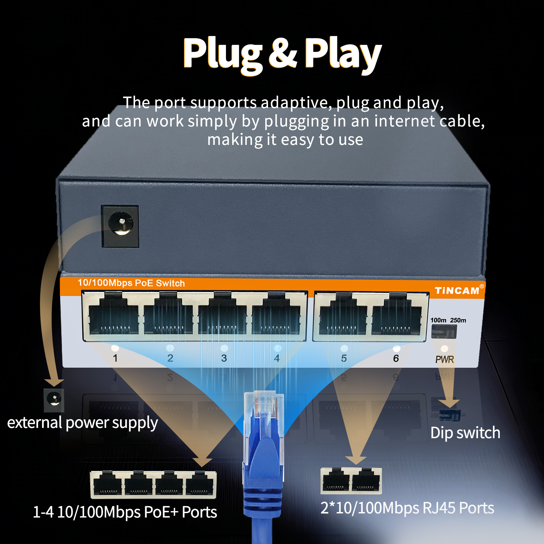 4 Port 10/100Mbps PoE+ Switch with 2 Uplink Ports 48W External Power Adapter IEEE 802.3af/at 250m Extend Mode VLAN– TBC-PS4306E