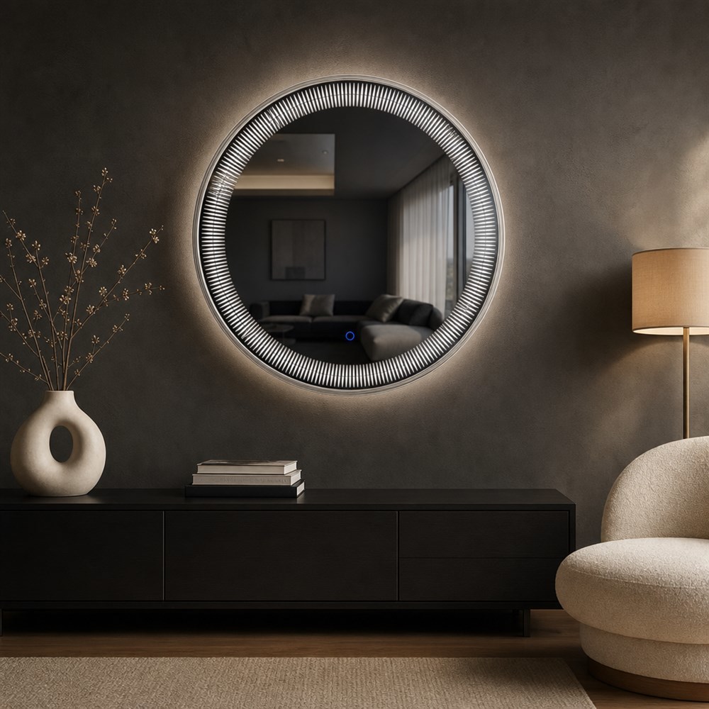 Round Textured Frame LED Bathroom Mirror with Touch Sensor Switch and Dimmable Light in Copper-free Silver Mirror