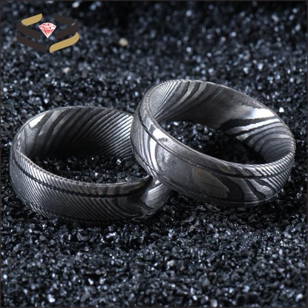 Bague Homme Noire en Acier Damas 8mm Double Rainure pour Fiançailles Mariage