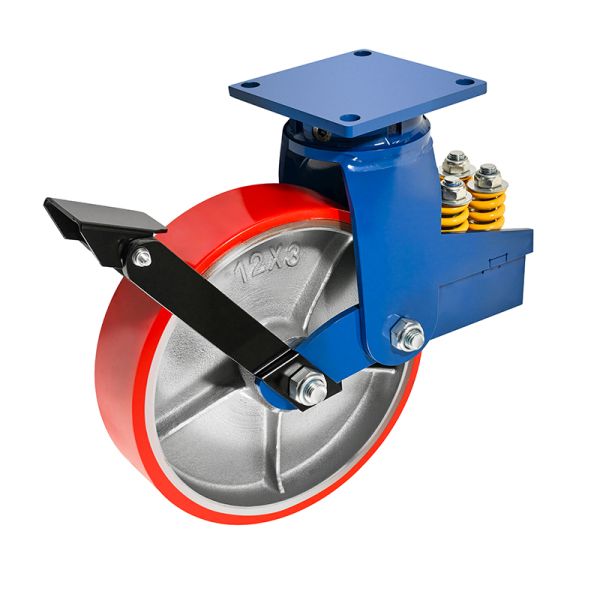 Multi-Spring Shock Absorption Galvanized Steel Spring Heavy Duty Industrial PU Wheel Caster with 2000-2500 Kg Load Capacity
