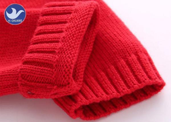 Jaquard Collar Girls Knitted Dress , Girls Red Jumper Dress With Fluffy Ball Decoration