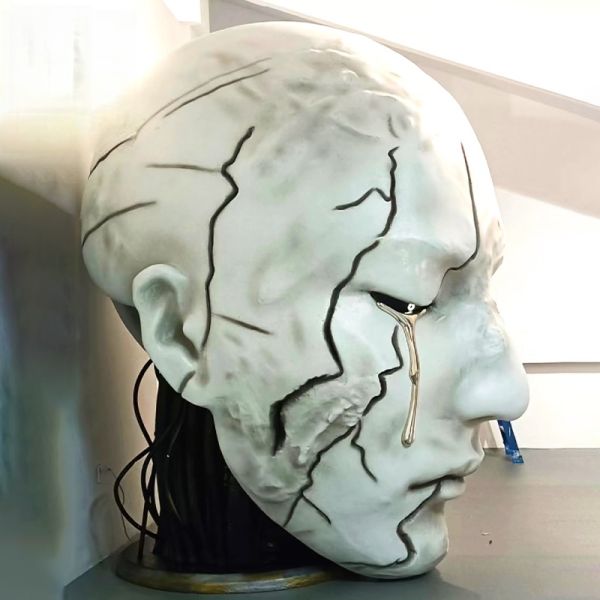 Artistic Human Face Sculpture with High Heel Support - Black Fiberglass Face Figure for Luxury Interior Design