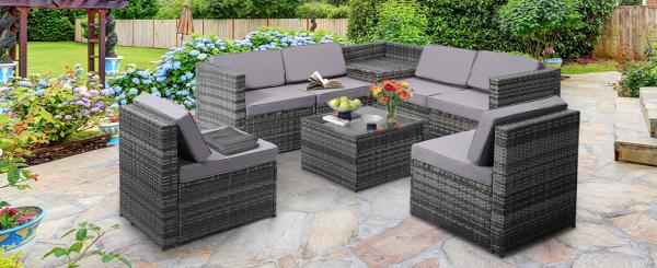 Patio Rattan Furniture Set Hidden Storage, 7 Sofa Sections, Outdoor Wicker Conversation Set, Natural Color Rattan