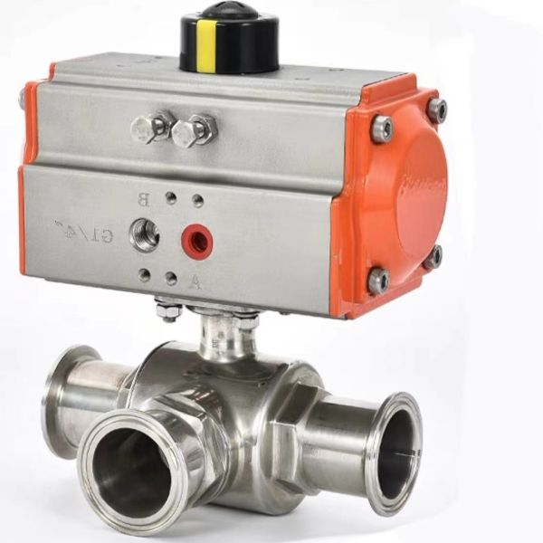 Sanitary Tri Clamp 3 Way Pneumatic Ball Valve SS304 SS316L L/T Port Pneumatic Actuated Three Way Ball Valve