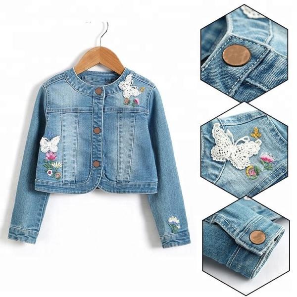 Long Sleeve Sandblast Girls Denim Jacket With Flower Embroidery Decoration