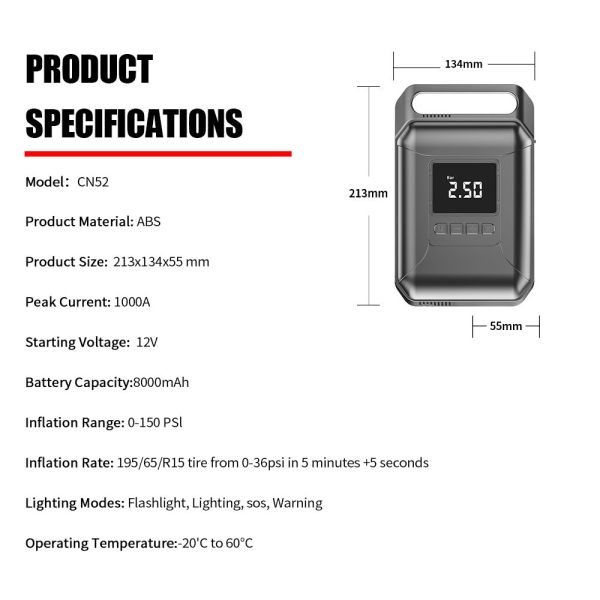 Compact Car Jump Starter Power Bank Diesel 12V 8000mAh Portable Battery Jump Starter Tire Inflators