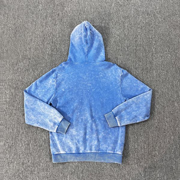 Custom logo Retro French Terry Blue Distressed Hoodie Acid Wash Vintage Pullover Fashion Streetwear Hoodie