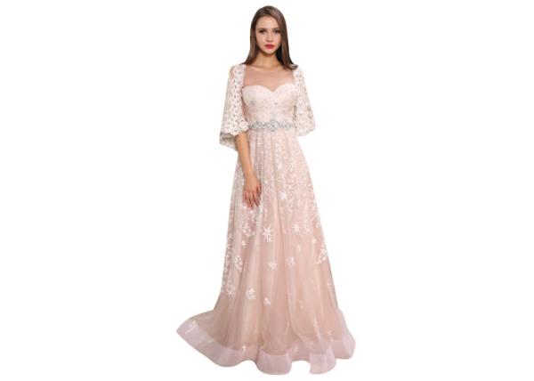 Breathable Lace Elegant Tulle Pink Bridesmaid Dresses Long With Shawl