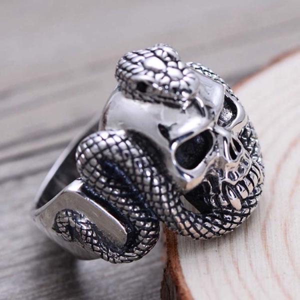 Mens Retro Vintage Sterling Silver Ring Engraved Skull and Snake Design(024572)