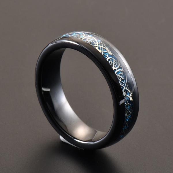 Dome Black Ceramic Wedding Band 6mm Blue Carbon Fiber And Dragon Inlayed Polished