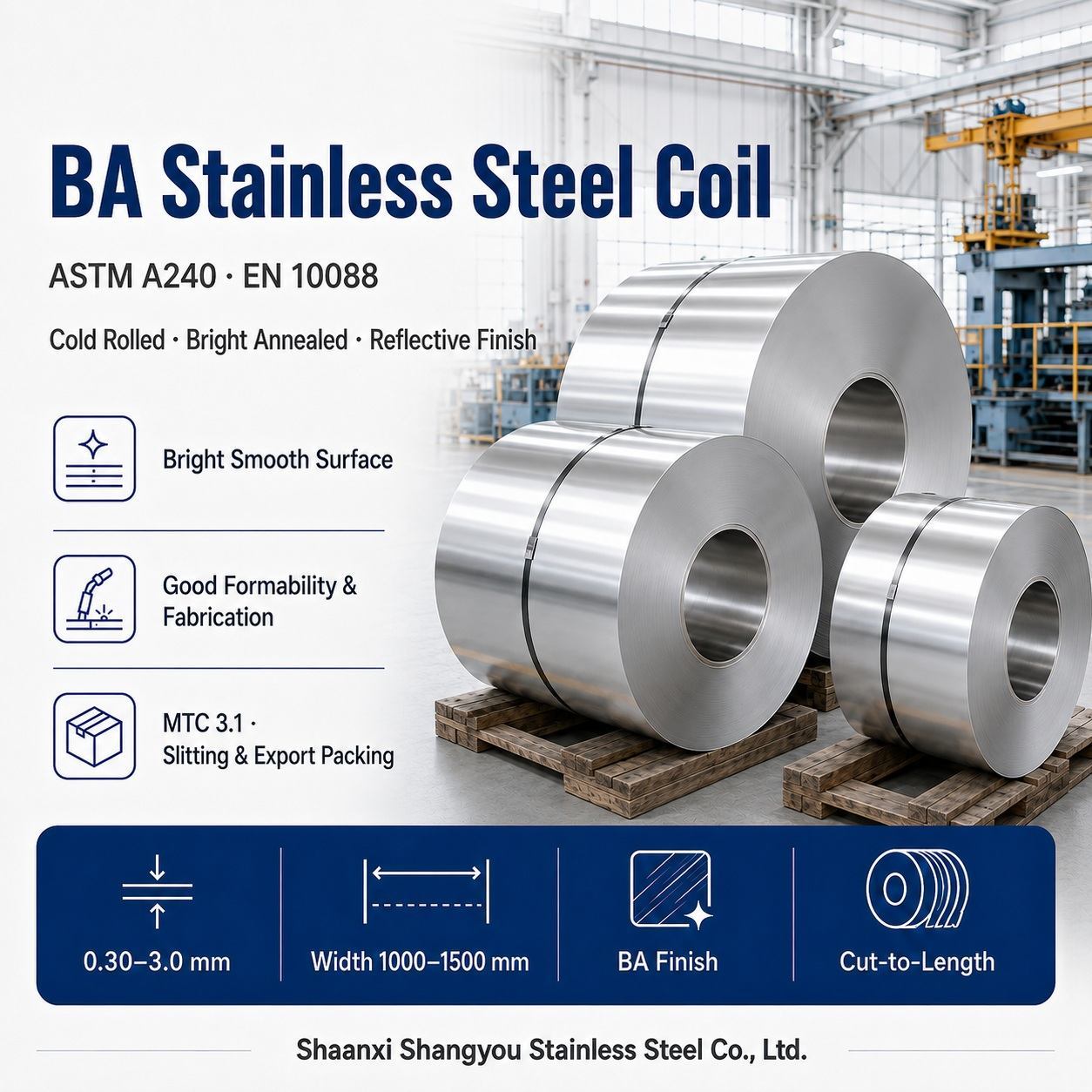 BA Stainless Steel Coil with Bright Annealed Surface for Decorative and Precision Applications  ASTM A480