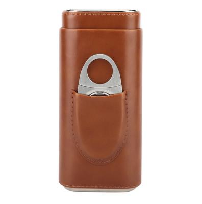 Cigar Boxes Portable Pocket Cigar Travel Humidor Cabinet Luxury 3 Finger Leather Cigar Case With Cutter